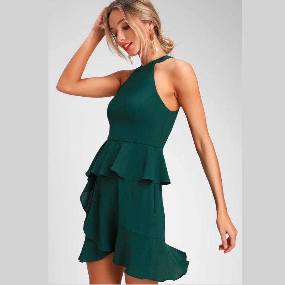 Make You Pine Forest Green Ruffled Mini Dress